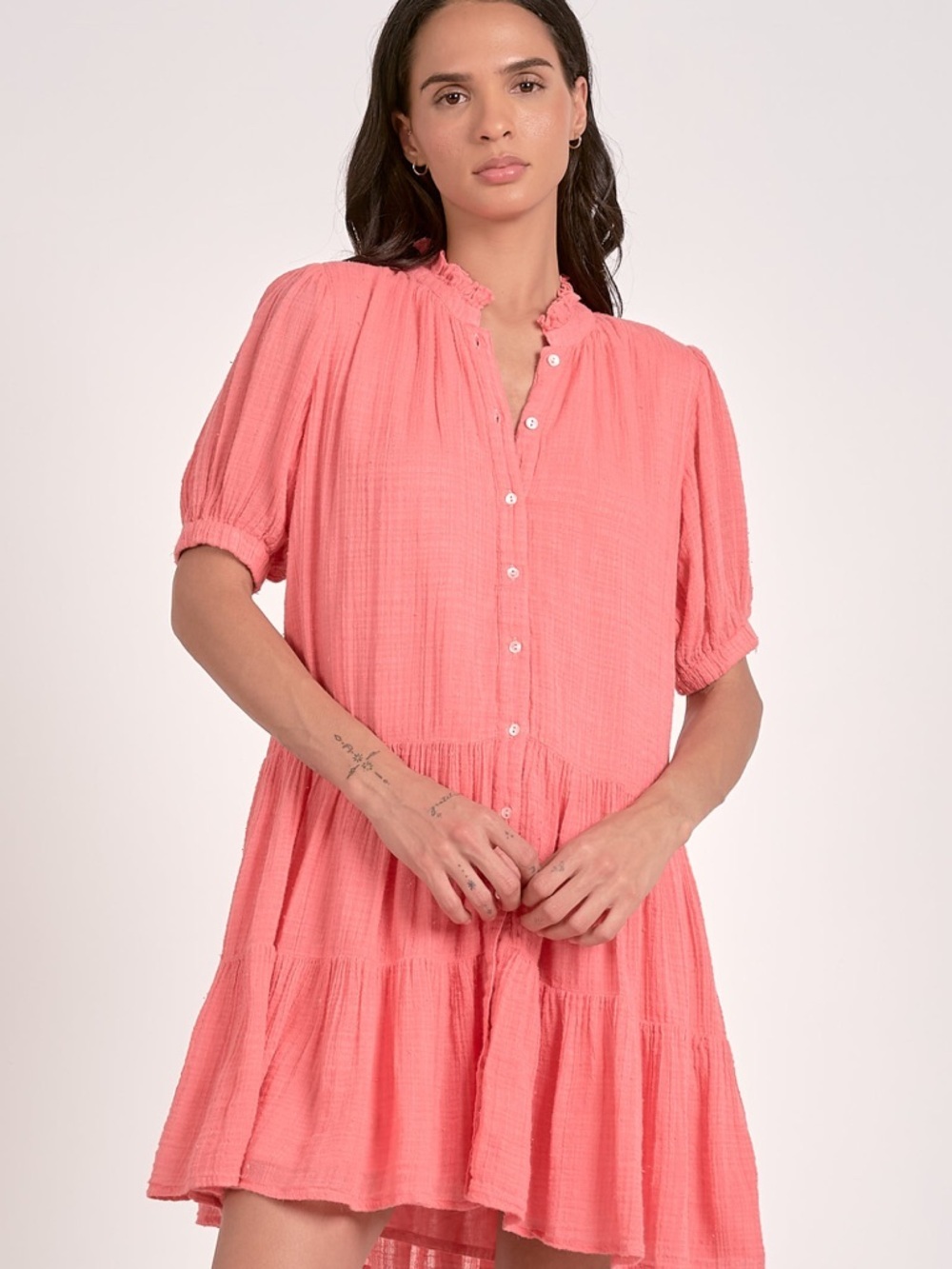 NWT-Coral Button-Front Tiered Gauze Mini Dress- Sz S, M & L